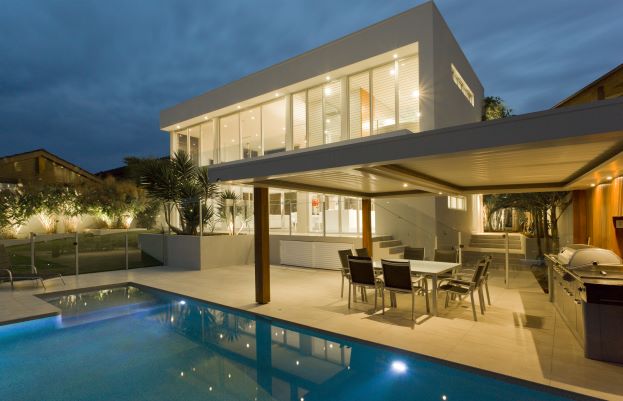 Outdoor swimming pool with lights